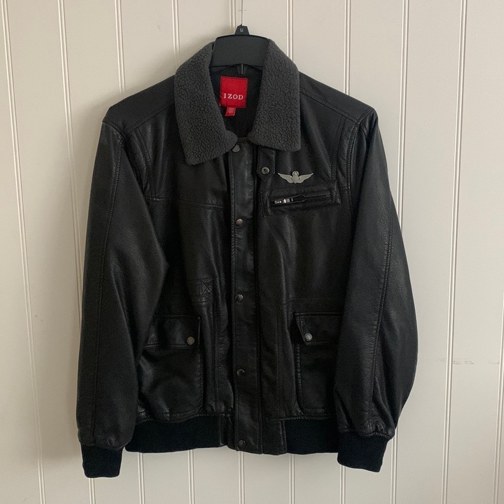 IZod Black Bomber Jacket, faux leather, size M
